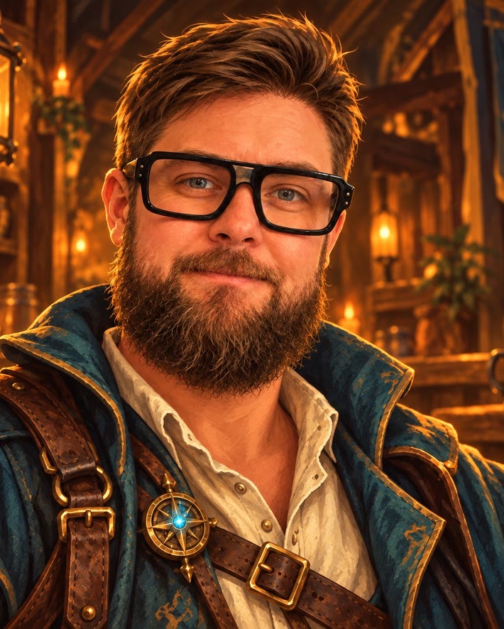 An illustrated, fantasy-style portrait of Max: glasses, a full beard, a blue adventurer’s coat with leather straps and a glowing compass badge, in a candlelit tavern. Opens Max’s side quests.