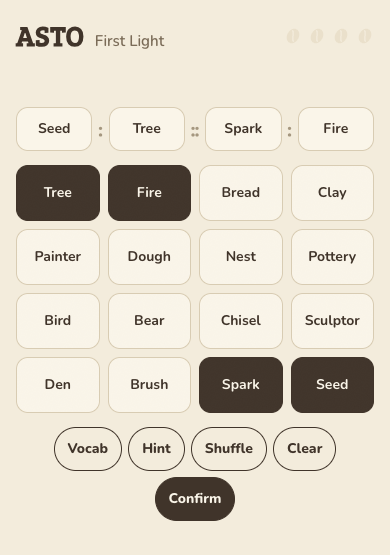 An ASTO board with Seed, Tree, Spark and Fire placed in order in the answer frame, the four chosen tiles darkened, and the Confirm button ready.