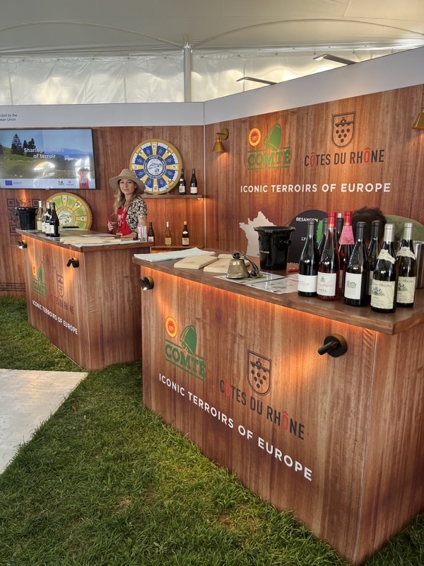 Two lit tasting bars lined with wine bottles and tasting notes, with a host behind the far bar.