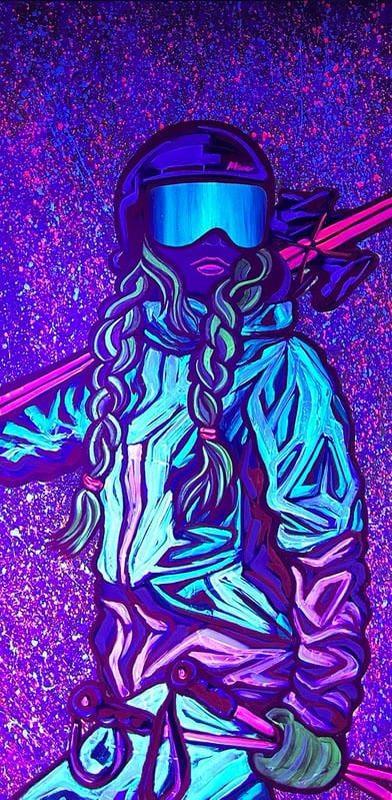 Baddie Braids under blacklight: the fluorescent paint glows in violet, cyan and pink against a dark background.