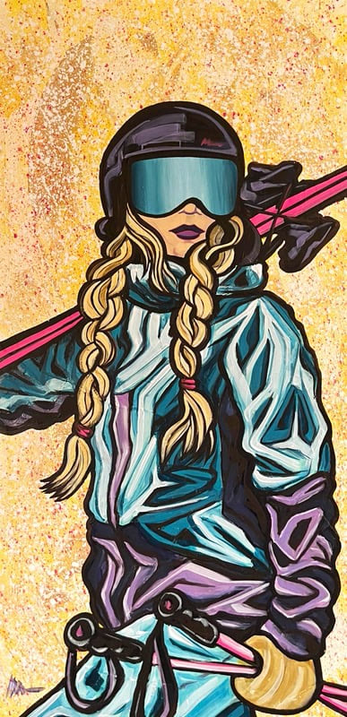 Baddie Braids under regular light: a skier with long braids, goggles and skis on her shoulder against a yellow background.