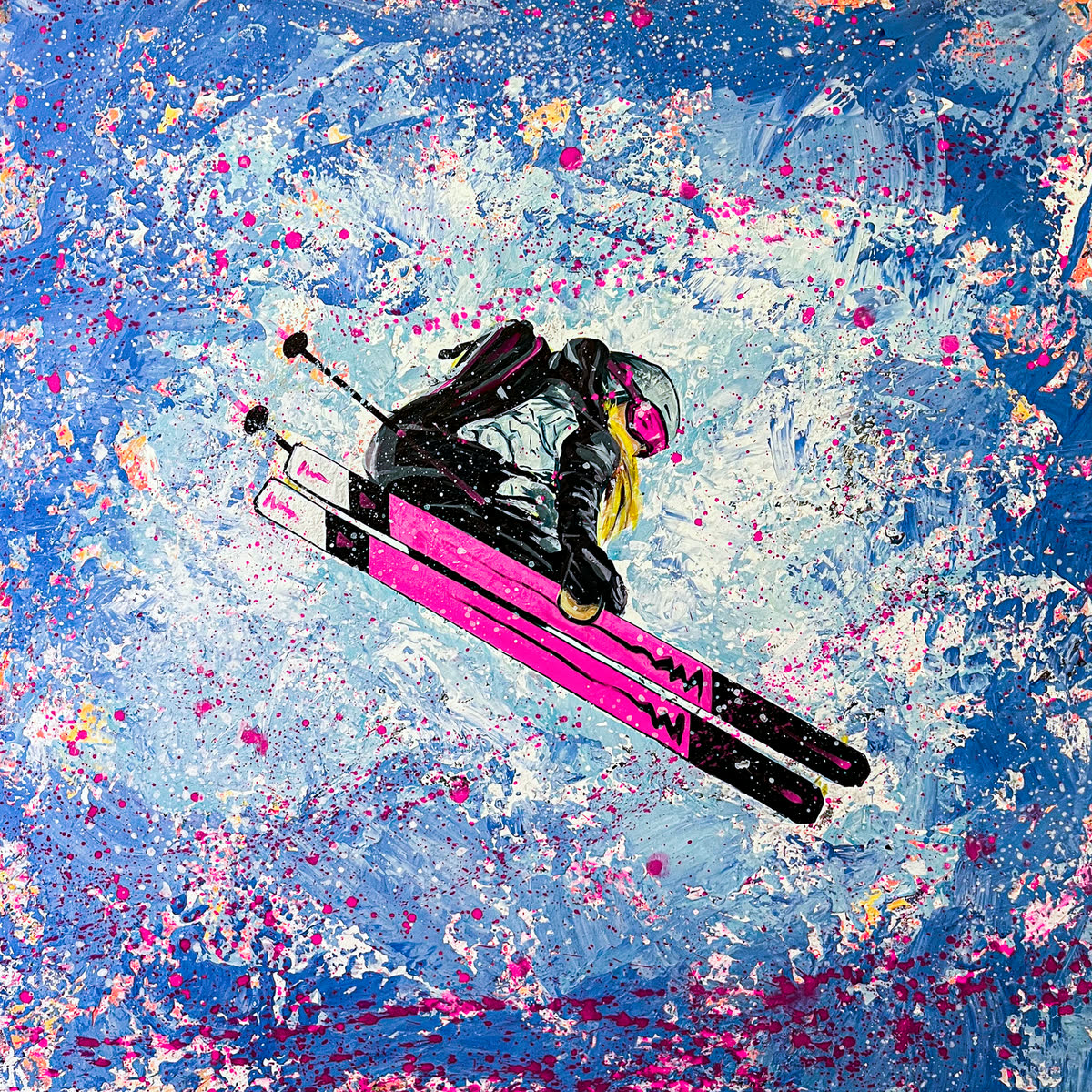 Flying Pink: a skier in the air on bright pink skis against a speckled blue, pink and white background.