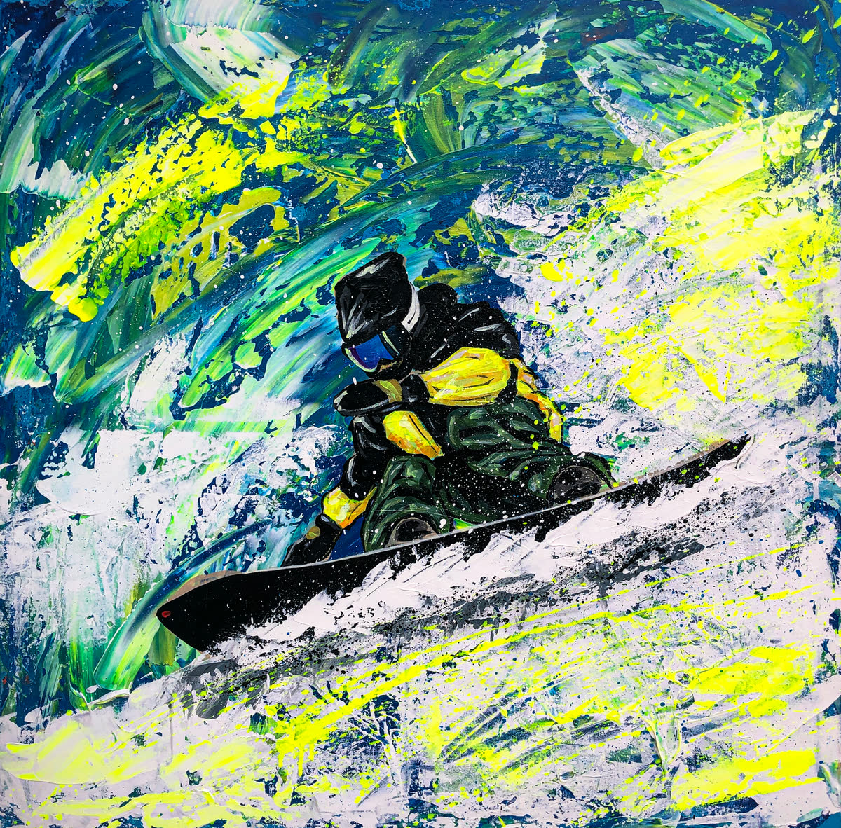 Gentem Rider: A snowboarder in yellow and black carving through slashes of green, yellow and white.