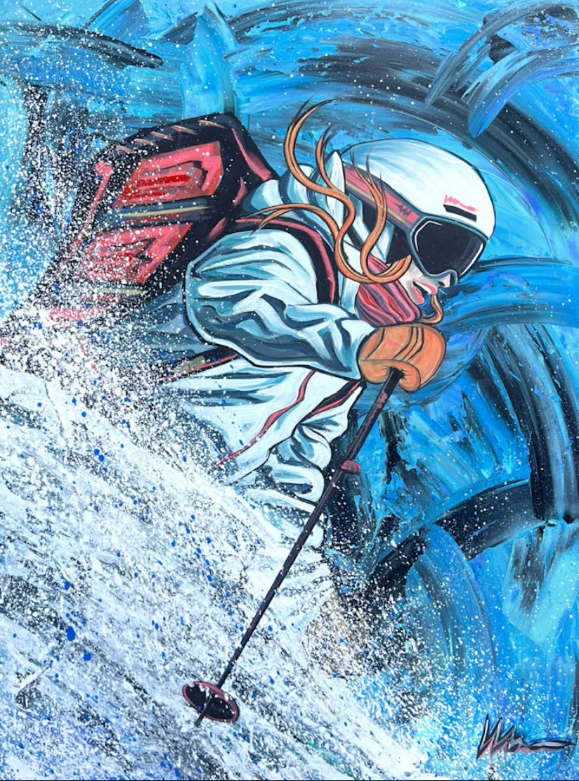 Happy Place: A skier in white with long hair and an orange helmet skiing through deep blue and white snow.