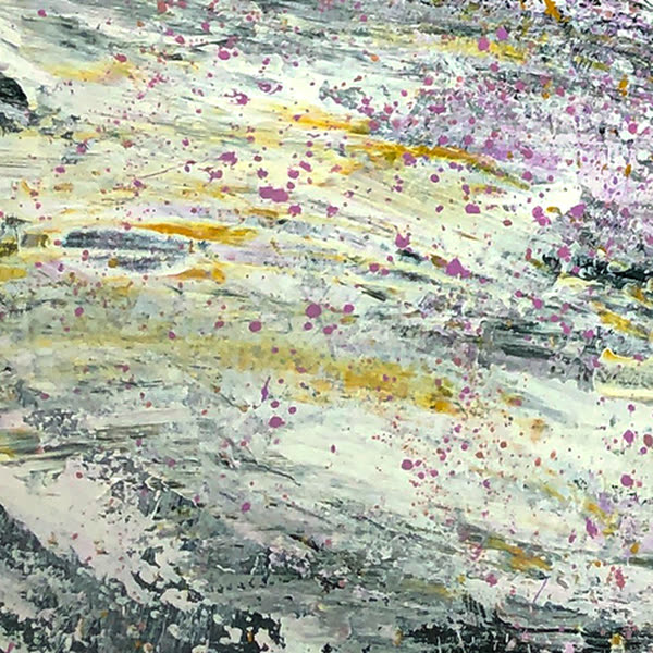 Close-up of Perfect Landing: snow built from dragged palette-knife strokes of white, grey and ochre, dotted with violet splatter.