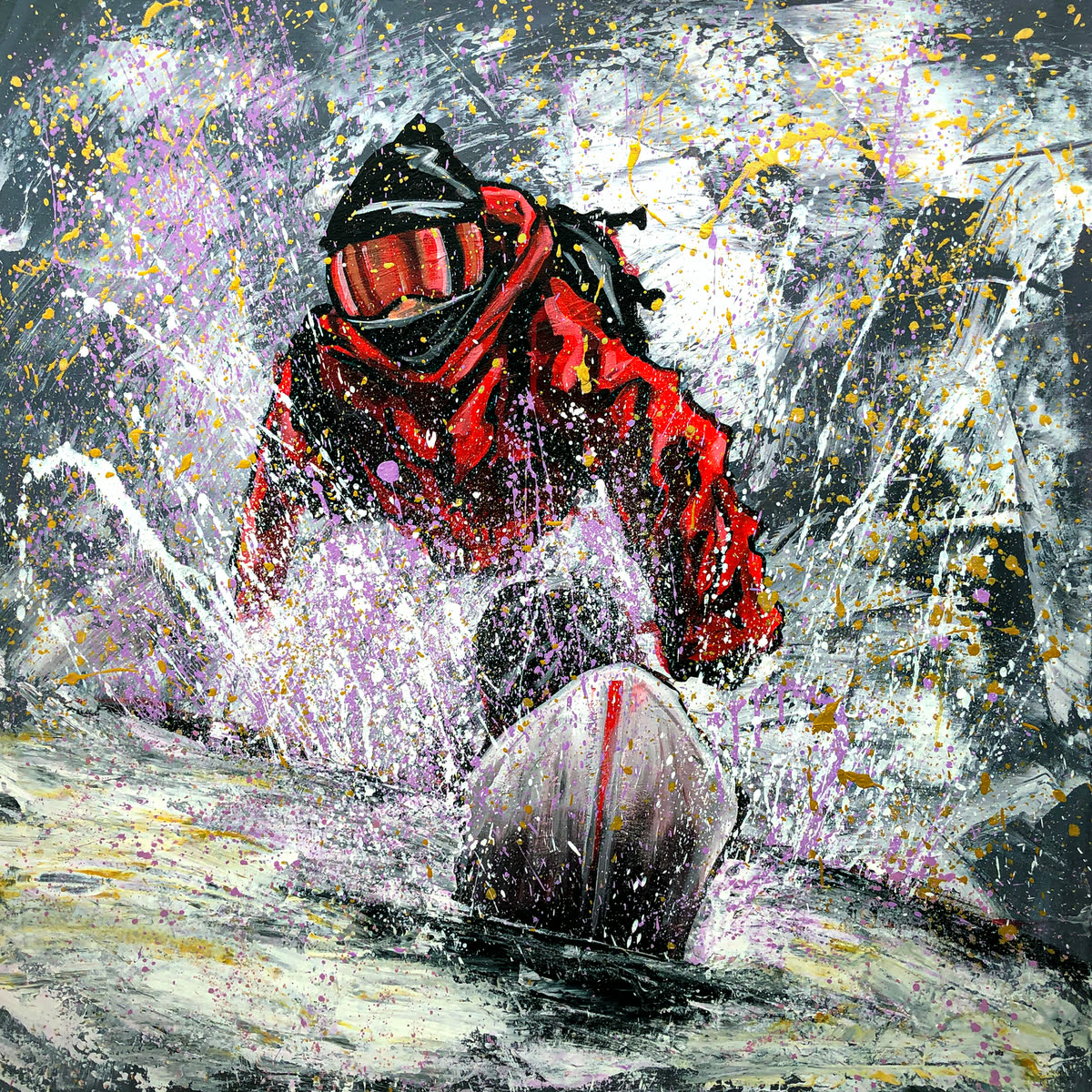 Perfect Landing: a skier in a red jacket and goggles bursting toward the viewer through white and violet spray.