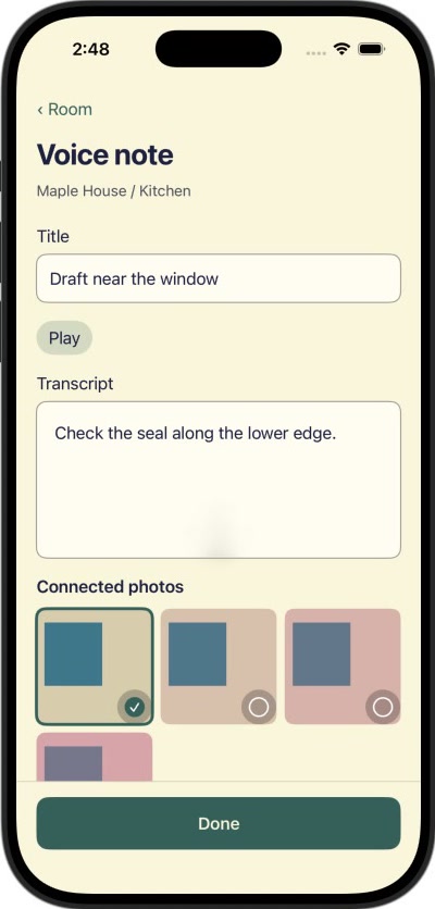 A voice note in Context Scout titled Draft near the window, with the transcript “Check the seal along the lower edge.” and connected photos below.