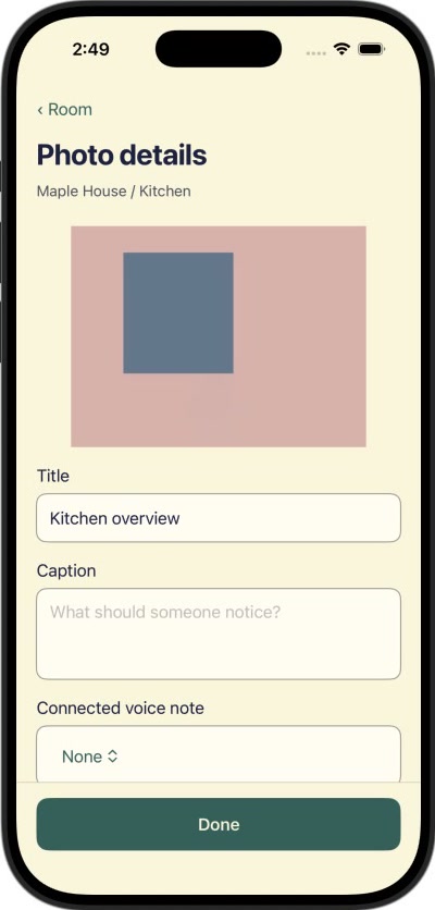 A photo's details in Context Scout: title, caption, and a field to connect a voice note.