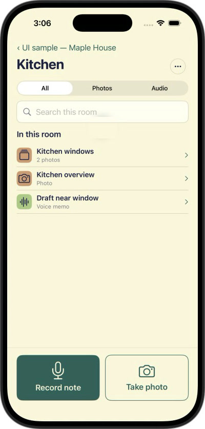 The current Context Scout app: a Kitchen room listing photos and a voice memo, with Record note and Take photo buttons.