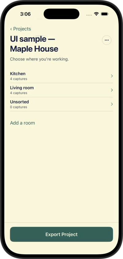 Context Scout showing a project, Maple House, divided into Kitchen, Living room and Unsorted, each with its own count of captures.